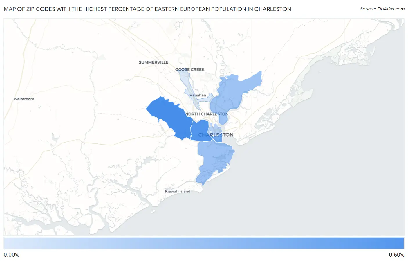 Zip Codes with the Highest Percentage of Eastern European Population in Charleston Map