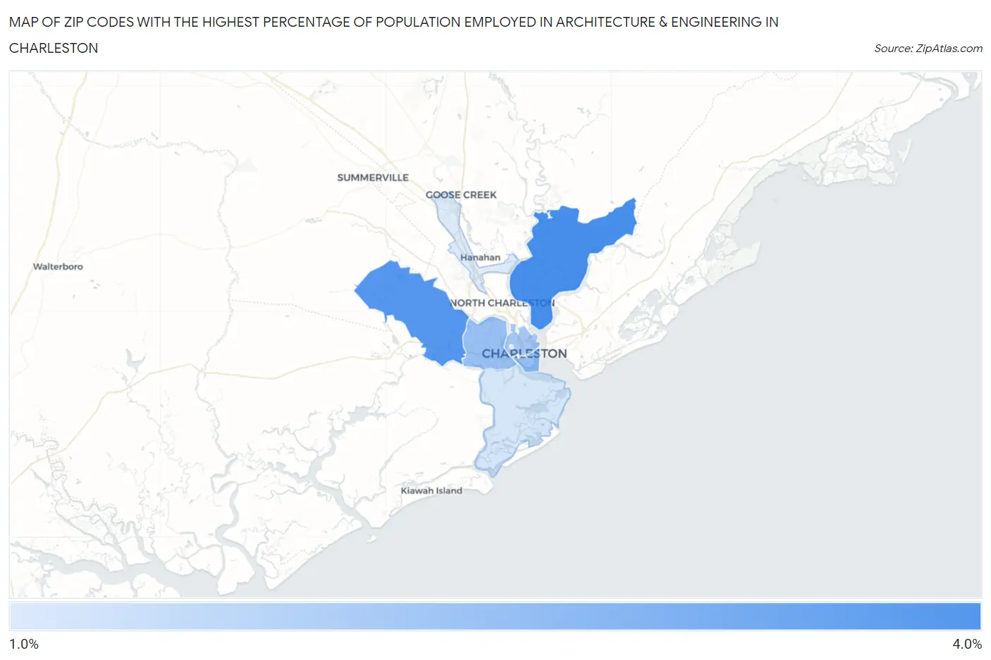 Zip Codes with the Highest Percentage of Population Employed in Architecture & Engineering in Charleston Map