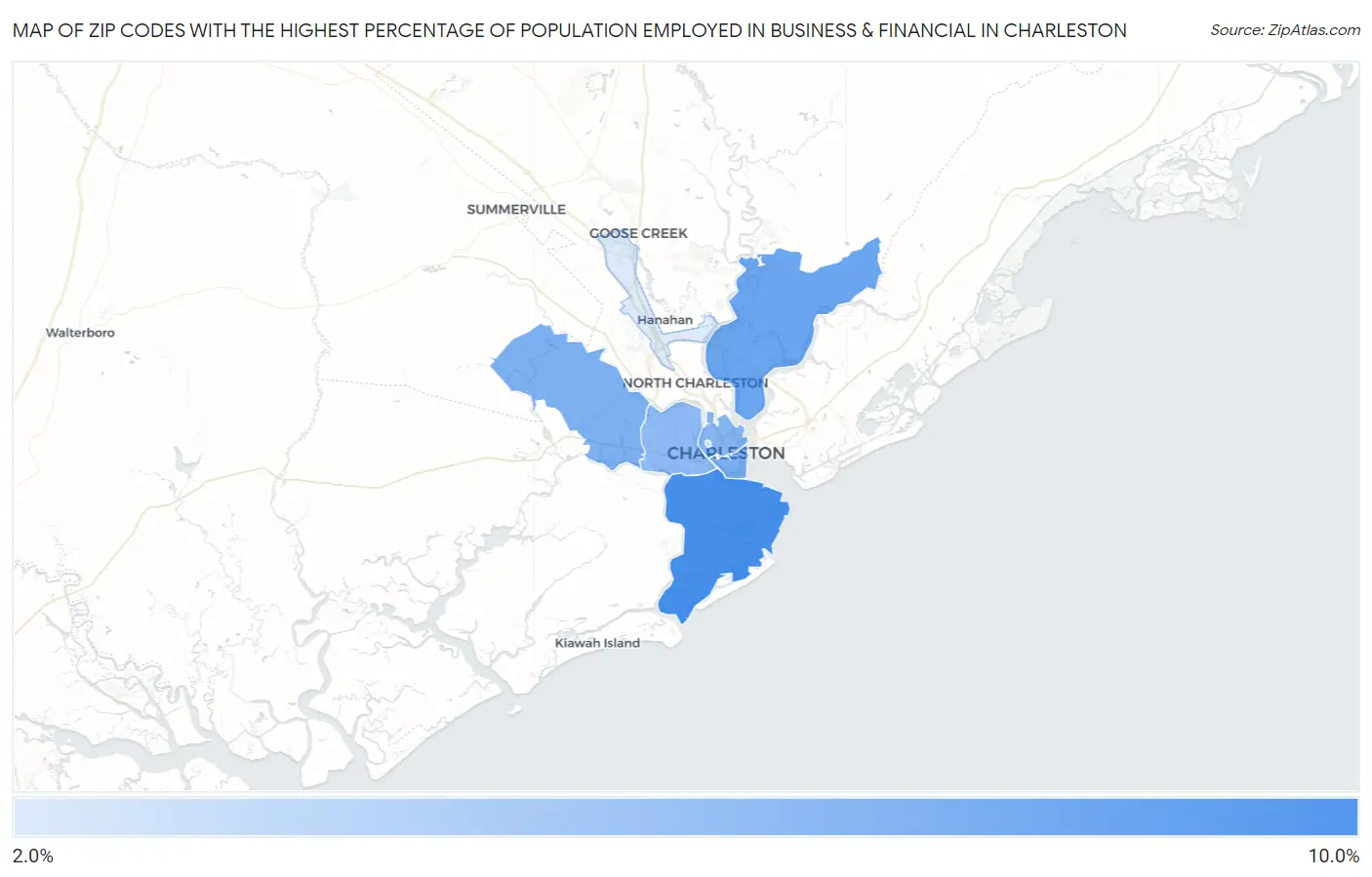 Zip Codes with the Highest Percentage of Population Employed in Business & Financial in Charleston Map