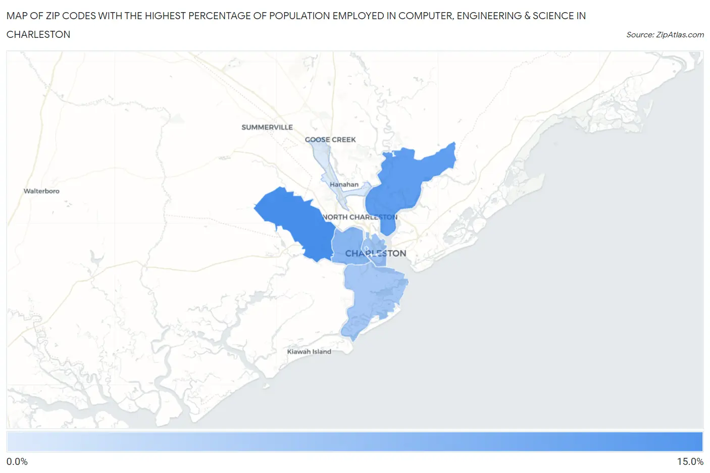 Zip Codes with the Highest Percentage of Population Employed in Computer, Engineering & Science in Charleston Map
