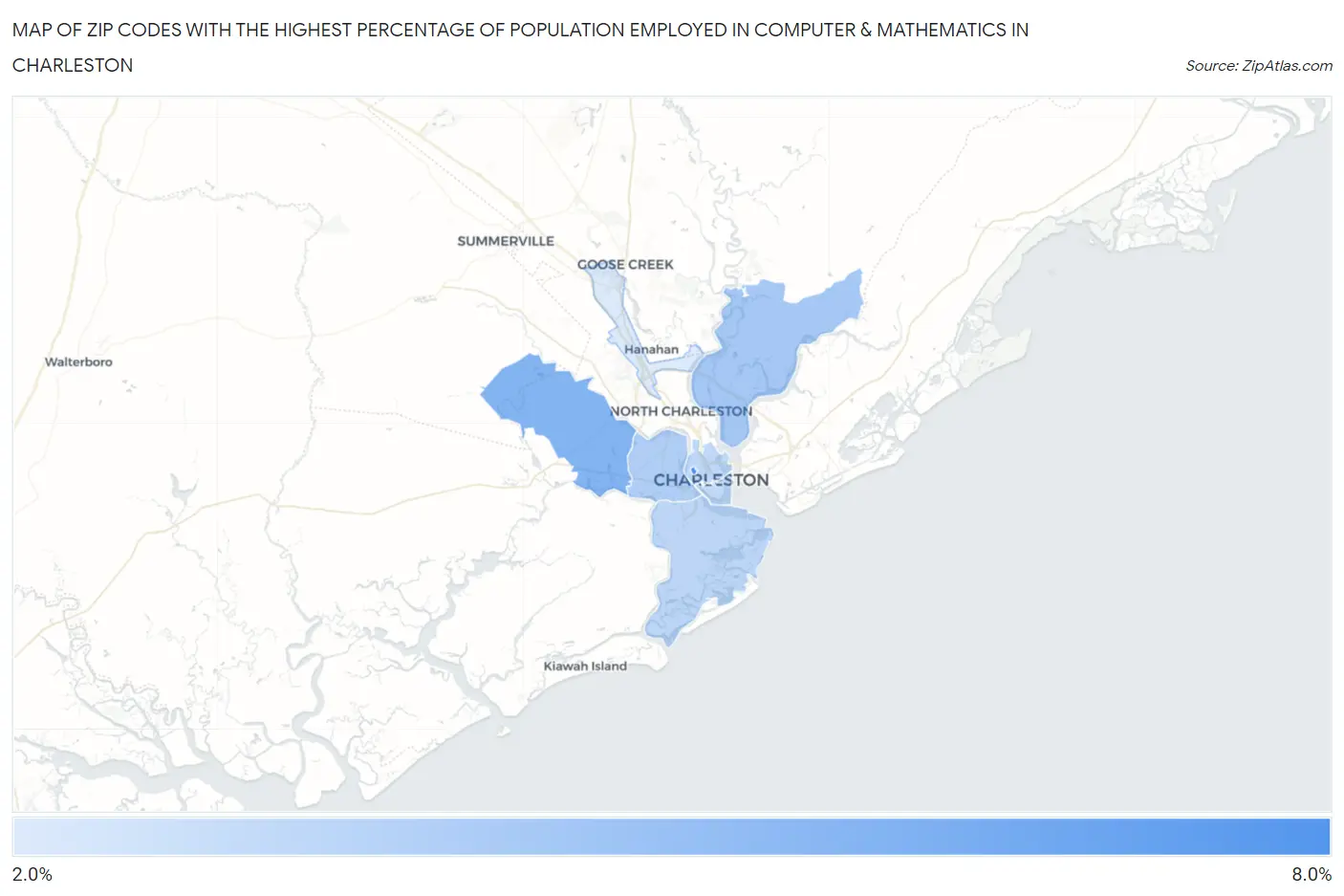 Zip Codes with the Highest Percentage of Population Employed in Computer & Mathematics in Charleston Map
