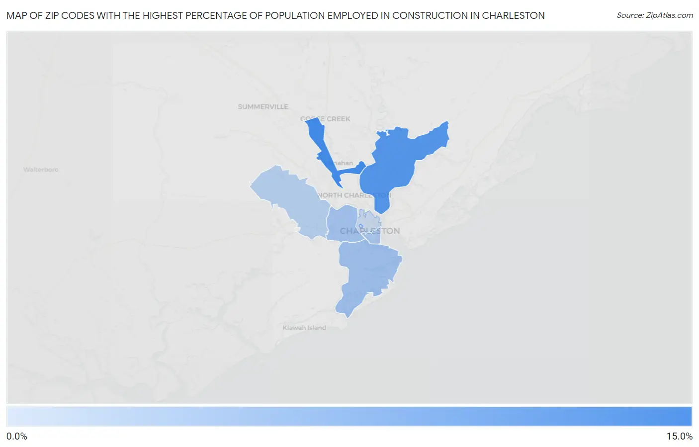 Zip Codes with the Highest Percentage of Population Employed in Construction in Charleston Map