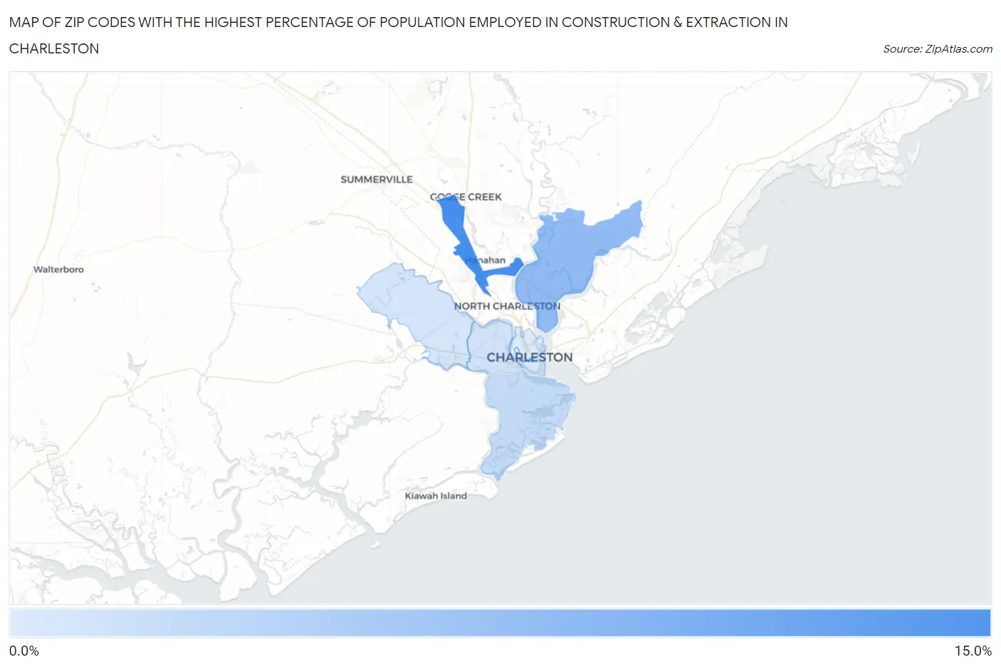 Zip Codes with the Highest Percentage of Population Employed in Construction & Extraction in Charleston Map