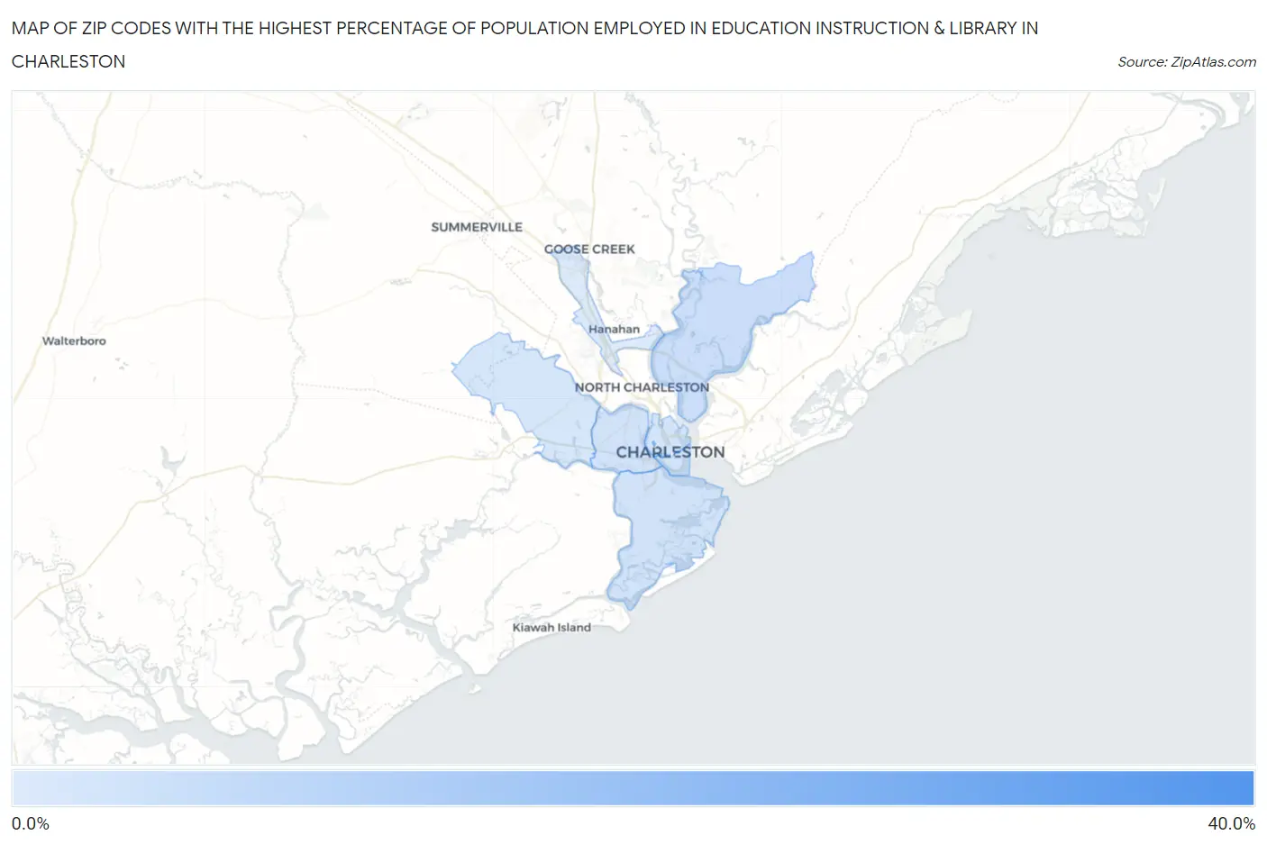 Zip Codes with the Highest Percentage of Population Employed in Education Instruction & Library in Charleston Map
