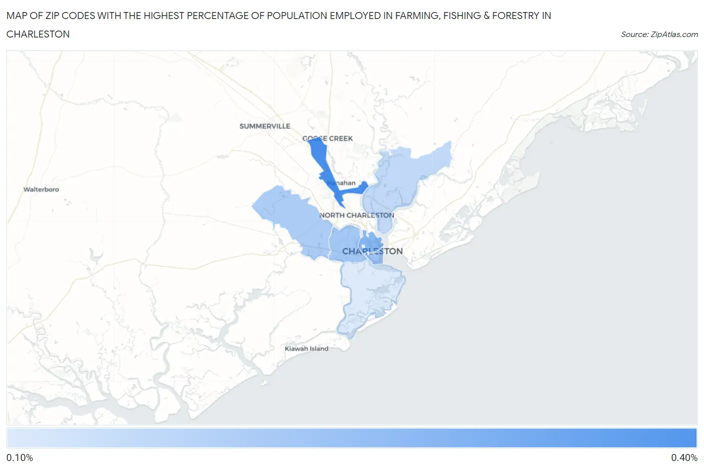 Zip Codes with the Highest Percentage of Population Employed in Farming, Fishing & Forestry in Charleston Map