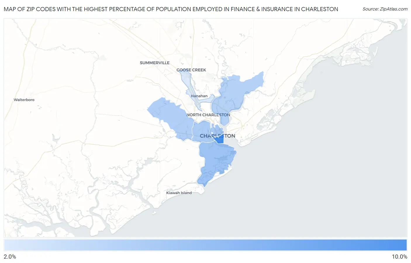 Zip Codes with the Highest Percentage of Population Employed in Finance & Insurance in Charleston Map