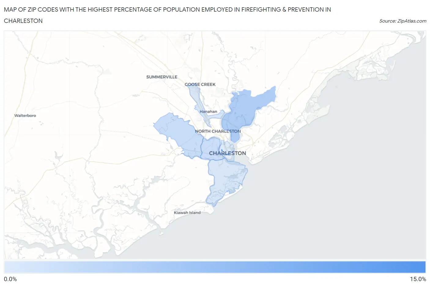 Zip Codes with the Highest Percentage of Population Employed in Firefighting & Prevention in Charleston Map