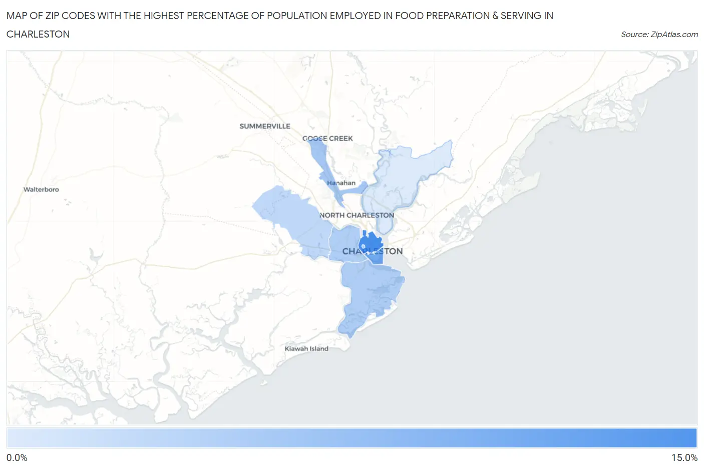 Zip Codes with the Highest Percentage of Population Employed in Food Preparation & Serving in Charleston Map