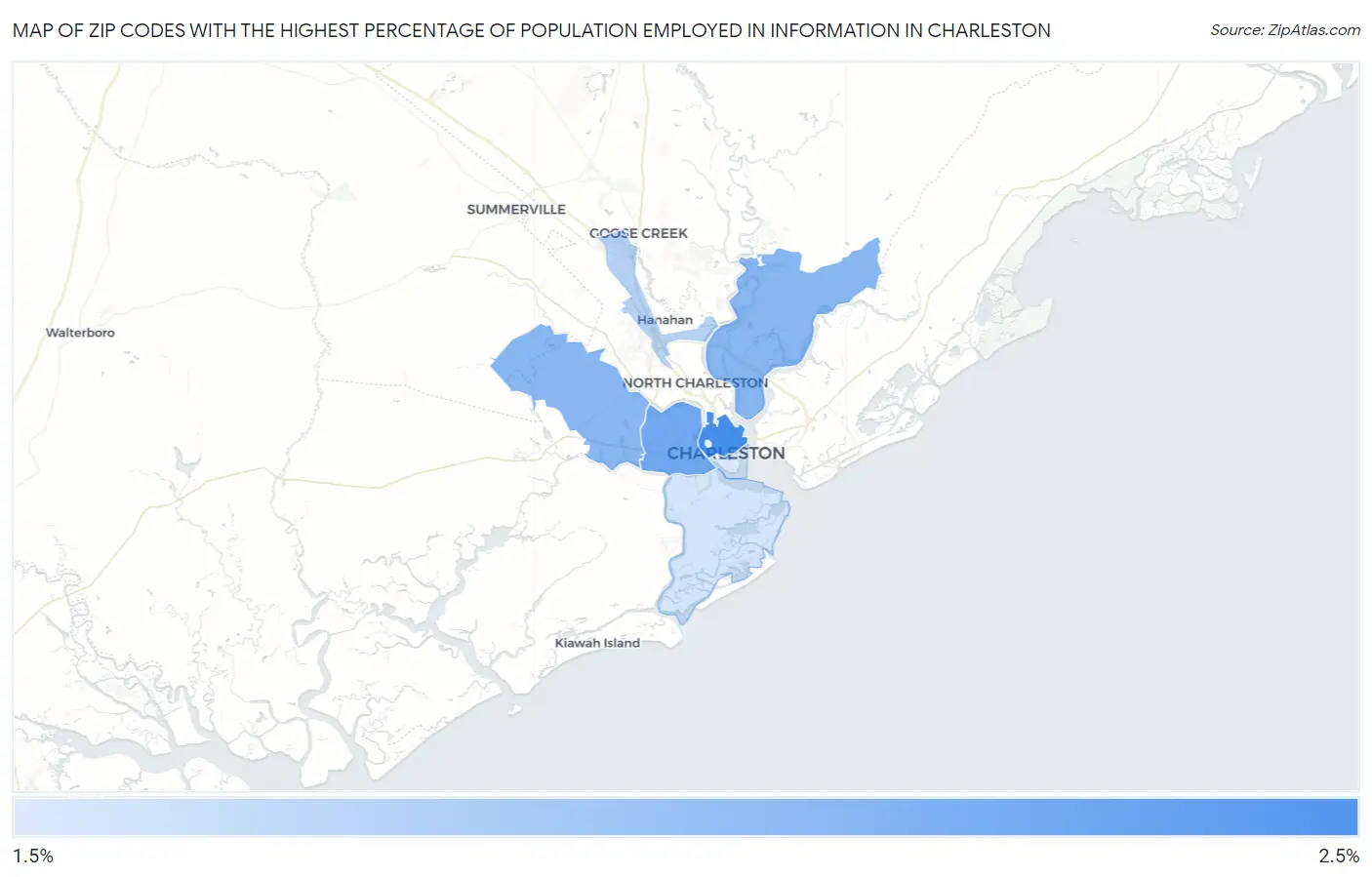 Zip Codes with the Highest Percentage of Population Employed in Information in Charleston Map