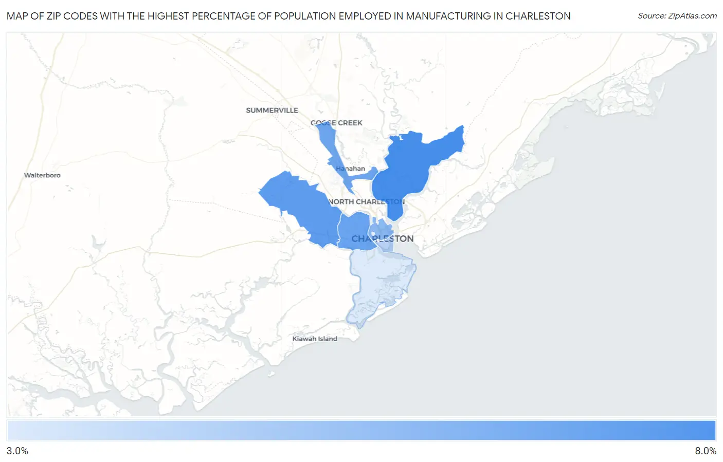 Zip Codes with the Highest Percentage of Population Employed in Manufacturing in Charleston Map