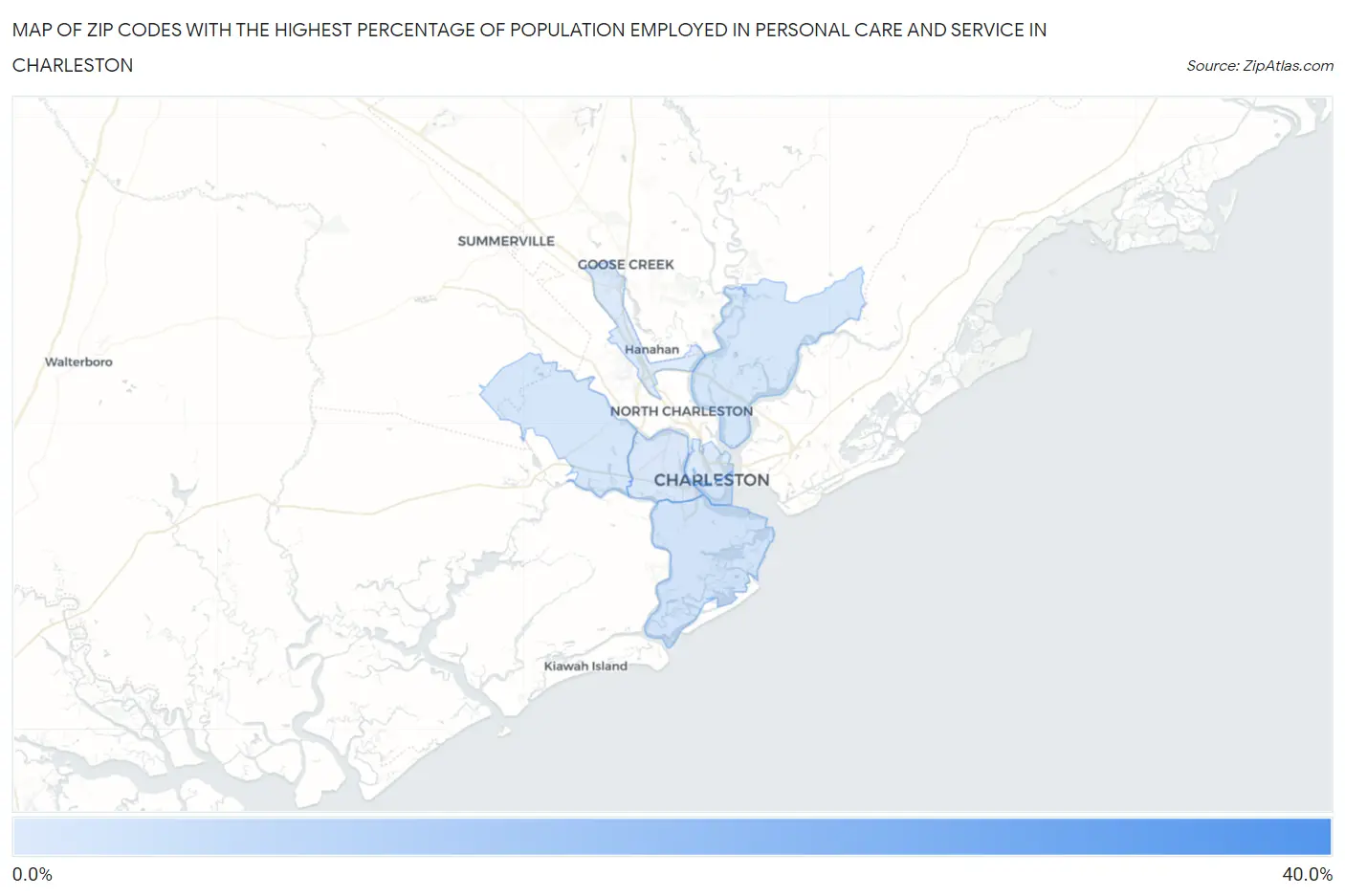 Zip Codes with the Highest Percentage of Population Employed in Personal Care and Service in Charleston Map