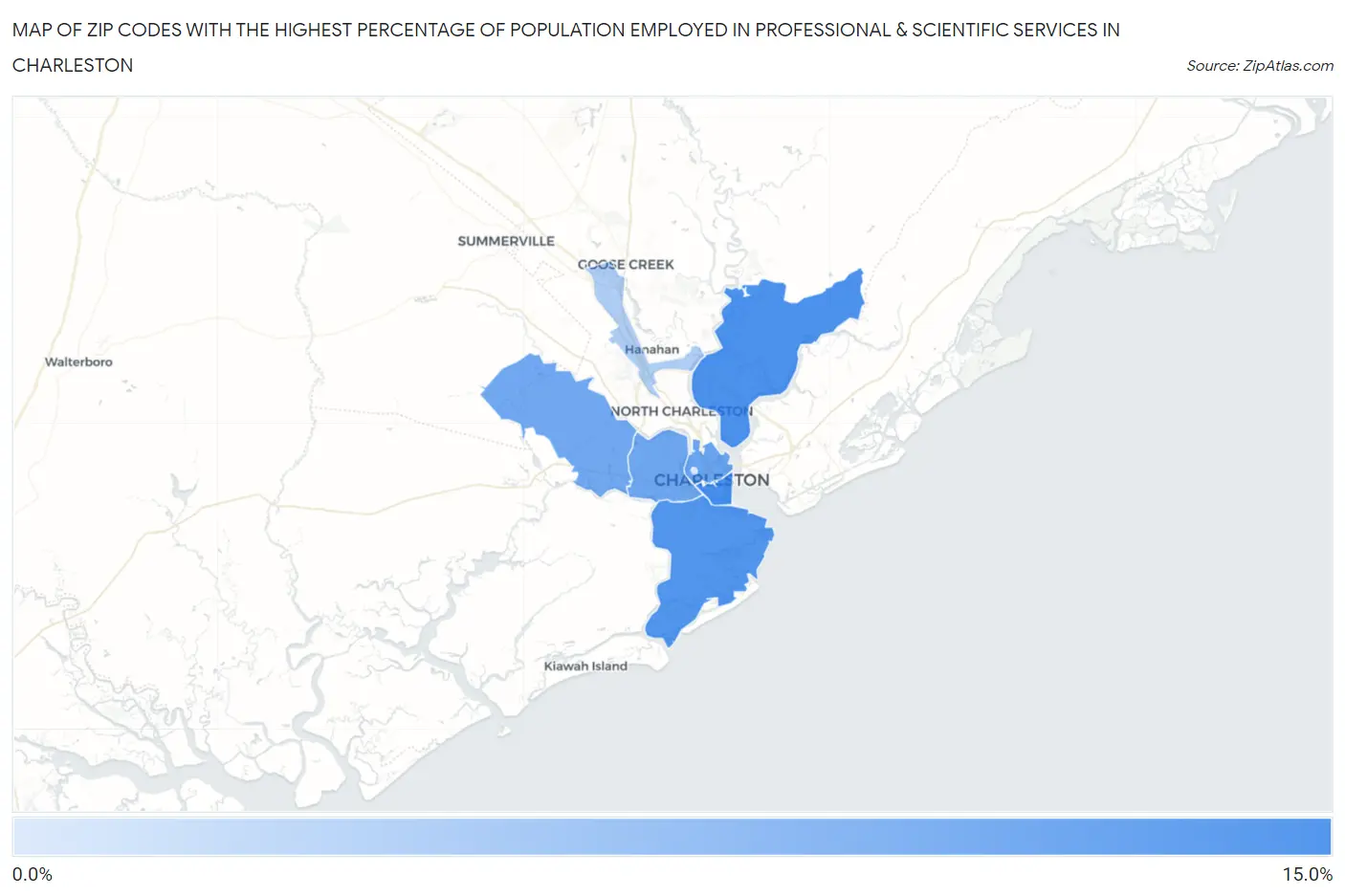 Zip Codes with the Highest Percentage of Population Employed in Professional & Scientific Services in Charleston Map