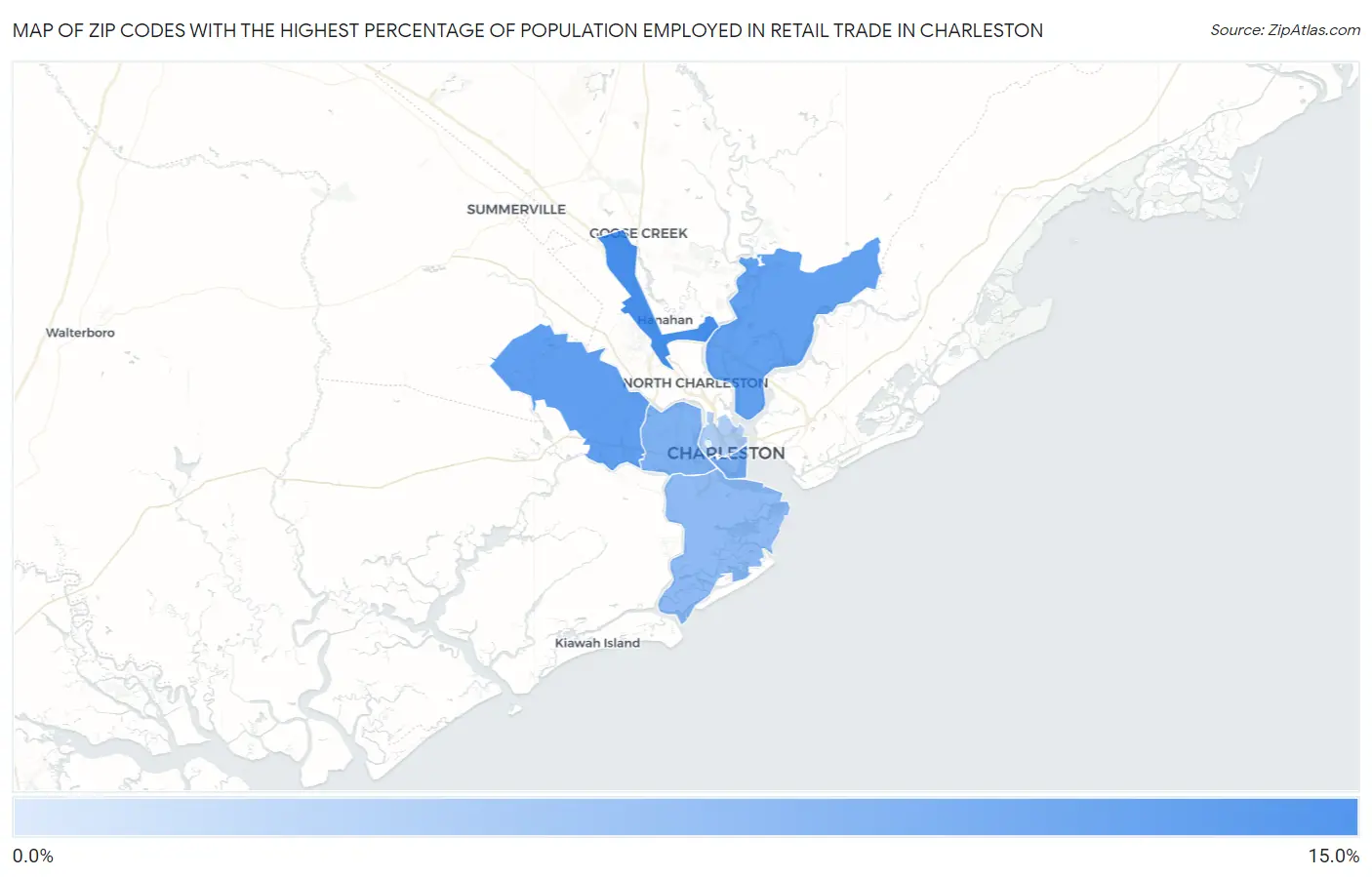 Zip Codes with the Highest Percentage of Population Employed in Retail Trade in Charleston Map
