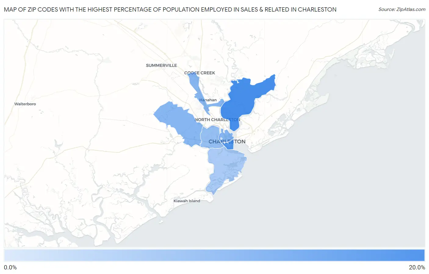 Zip Codes with the Highest Percentage of Population Employed in Sales & Related in Charleston Map