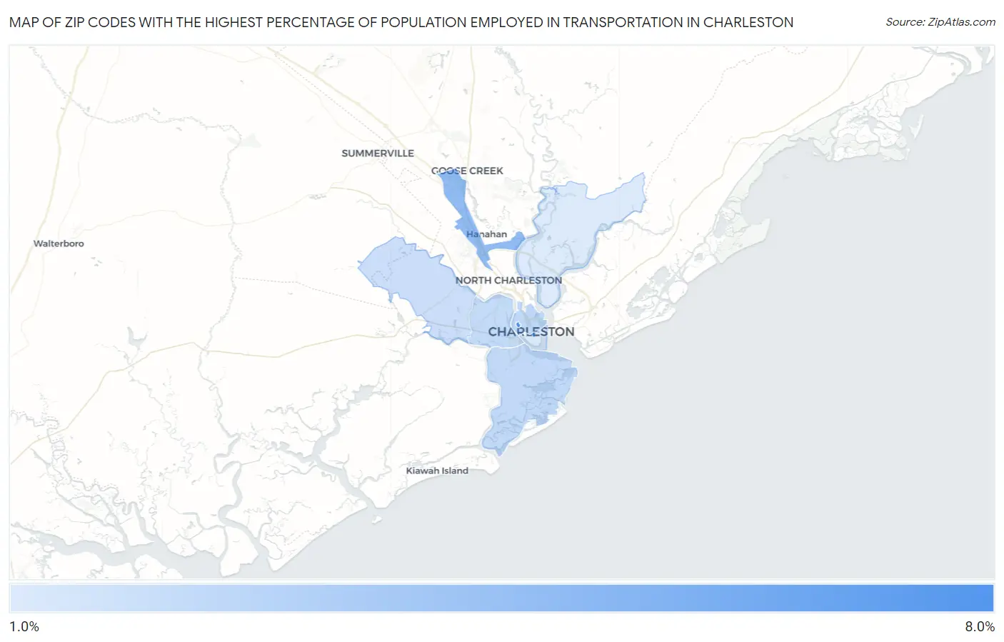 Zip Codes with the Highest Percentage of Population Employed in Transportation in Charleston Map