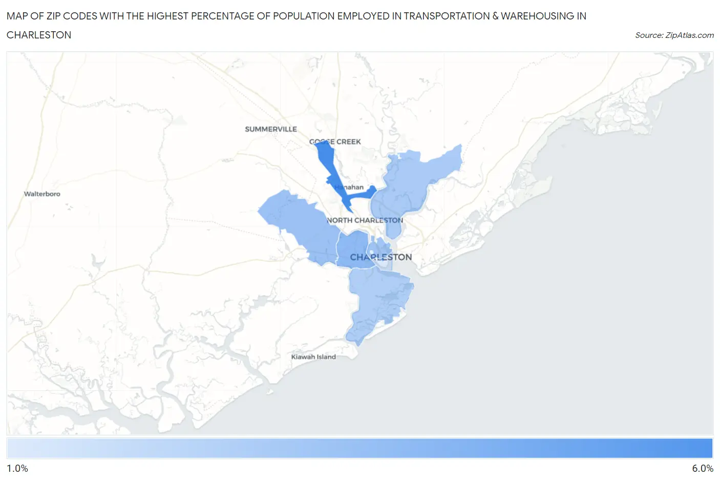 Zip Codes with the Highest Percentage of Population Employed in Transportation & Warehousing in Charleston Map