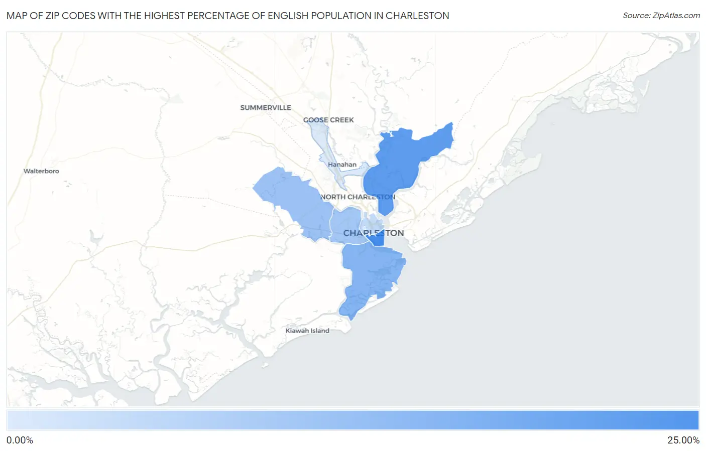 Zip Codes with the Highest Percentage of English Population in Charleston Map