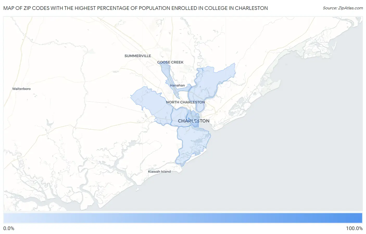Zip Codes with the Highest Percentage of Population Enrolled in College in Charleston Map