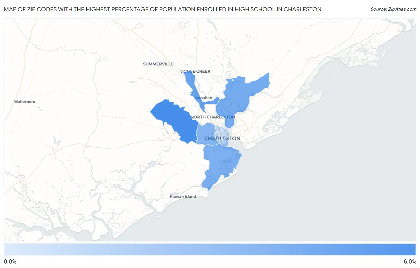 Zip Codes with the Highest Percentage of Population Enrolled in High School in Charleston Map