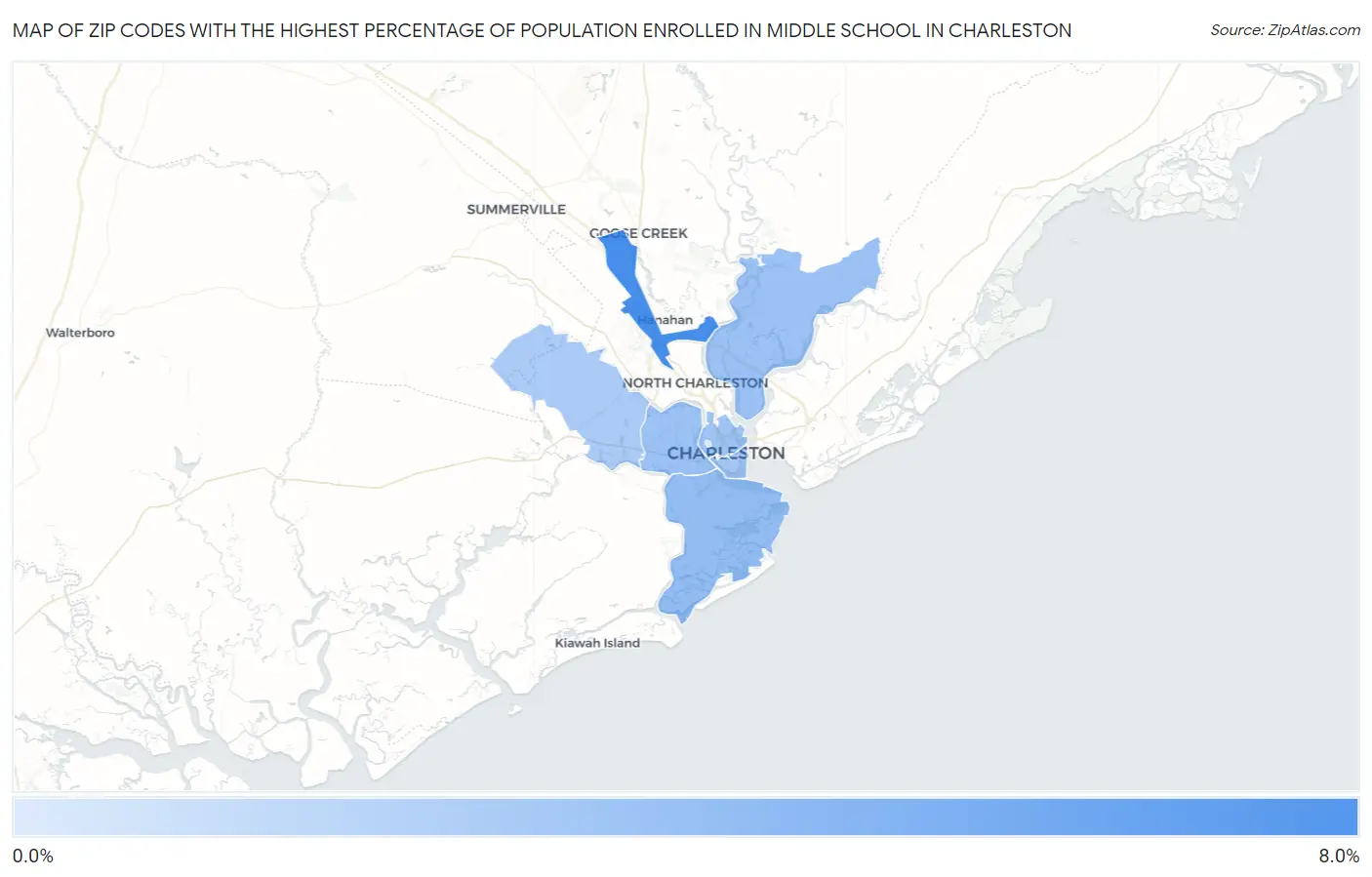 Zip Codes with the Highest Percentage of Population Enrolled in Middle School in Charleston Map