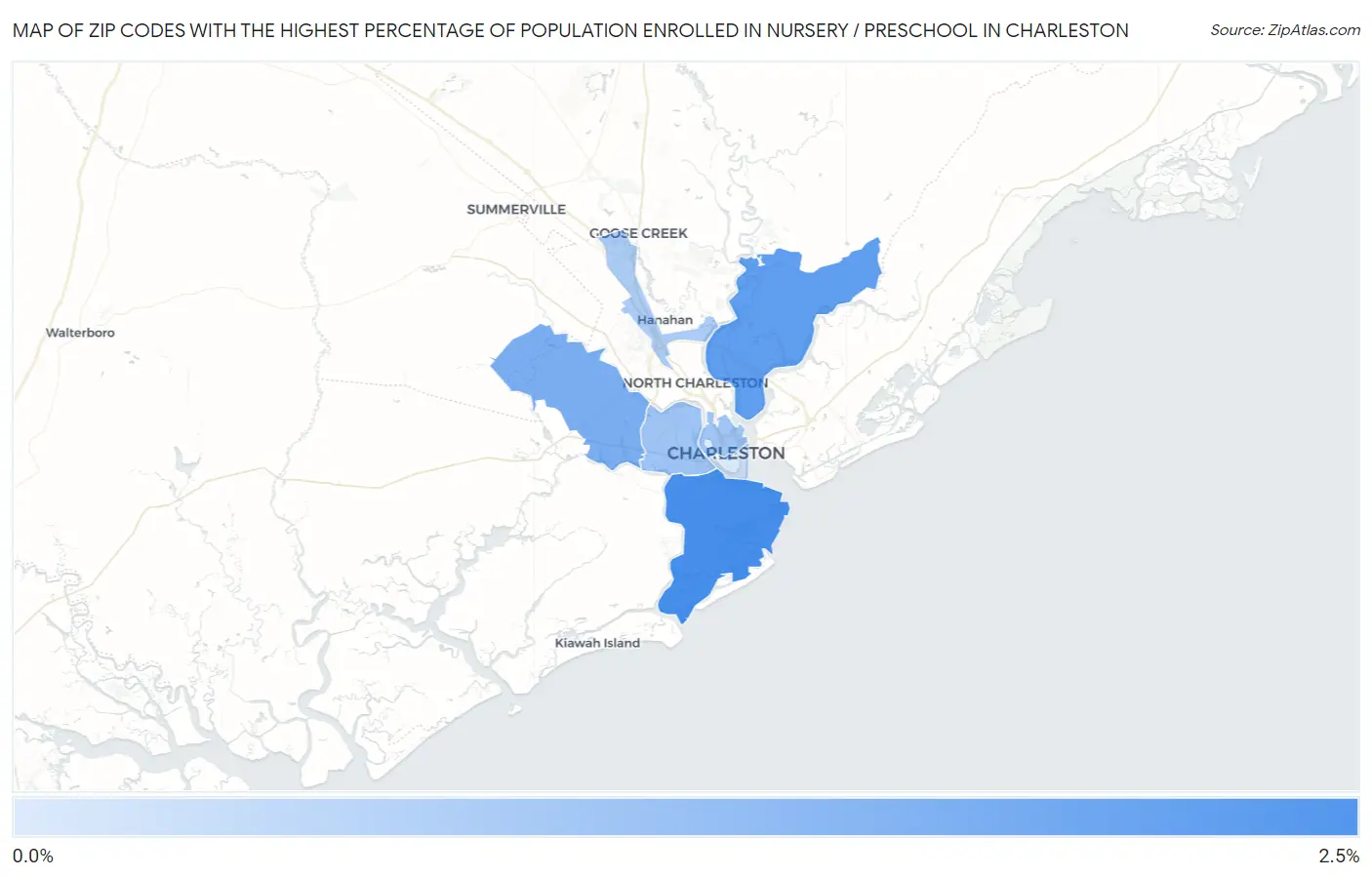 Zip Codes with the Highest Percentage of Population Enrolled in Nursery / Preschool in Charleston Map