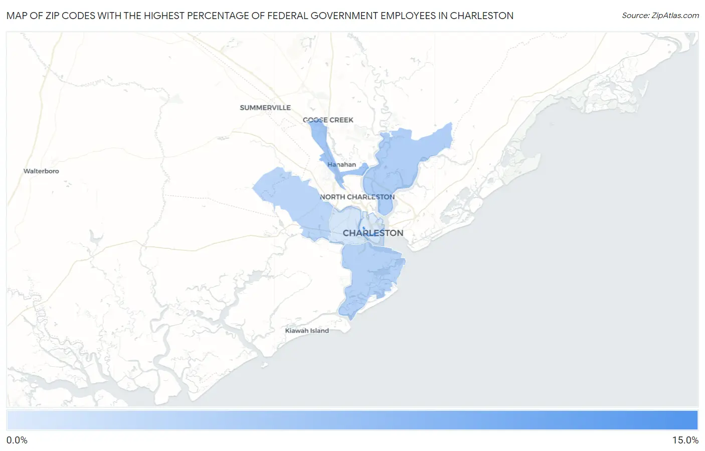 Zip Codes with the Highest Percentage of Federal Government Employees in Charleston Map