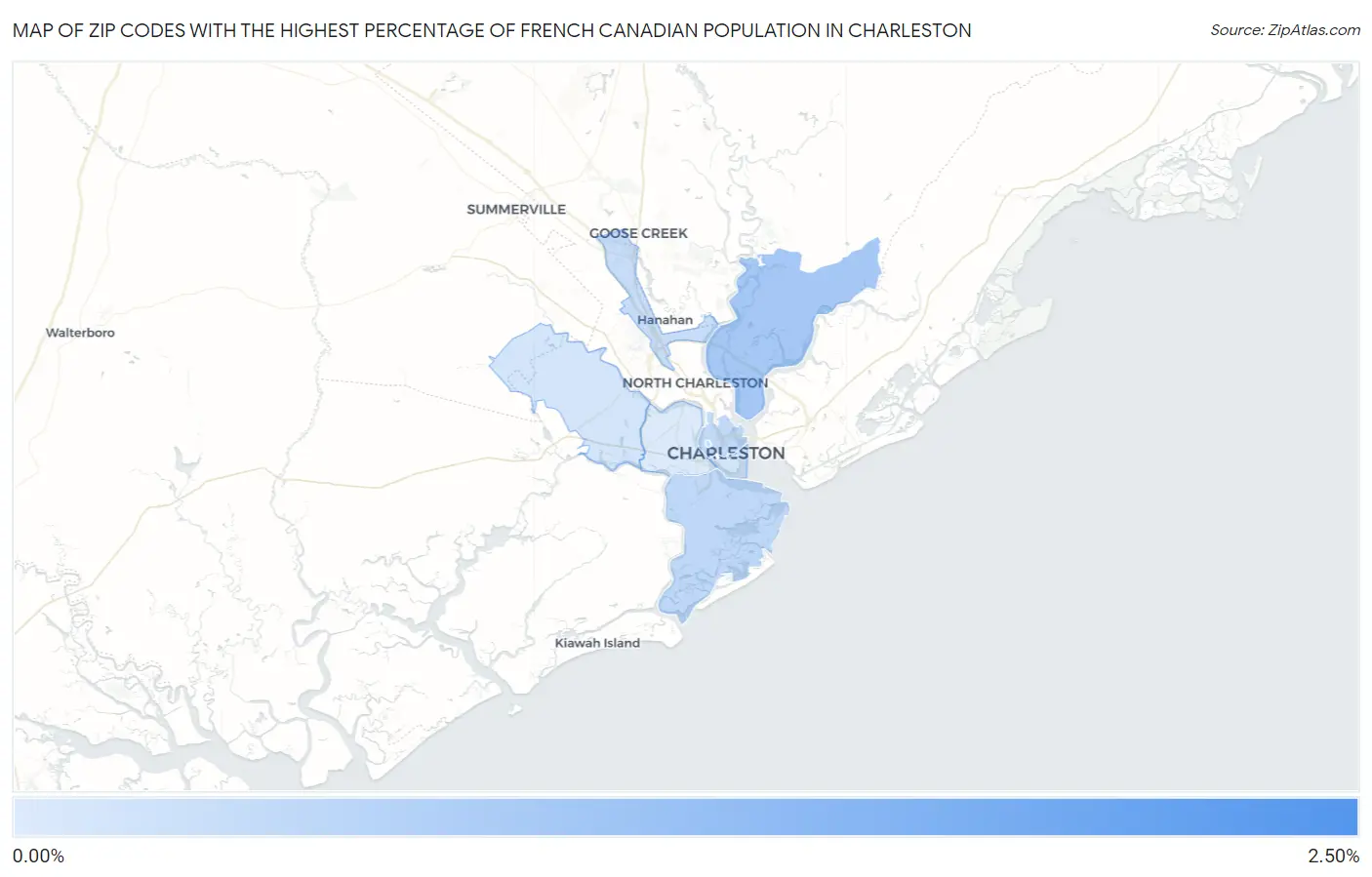 Zip Codes with the Highest Percentage of French Canadian Population in Charleston Map