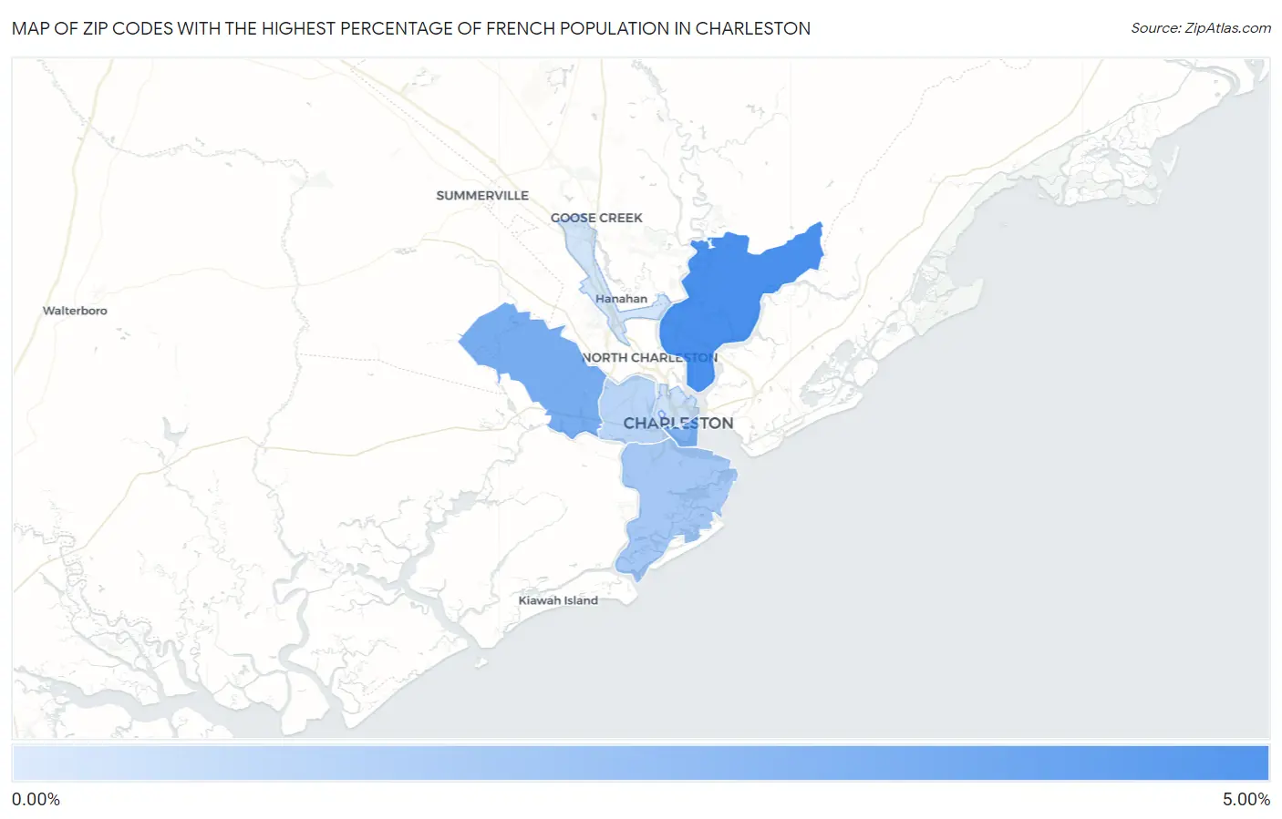 Zip Codes with the Highest Percentage of French Population in Charleston Map