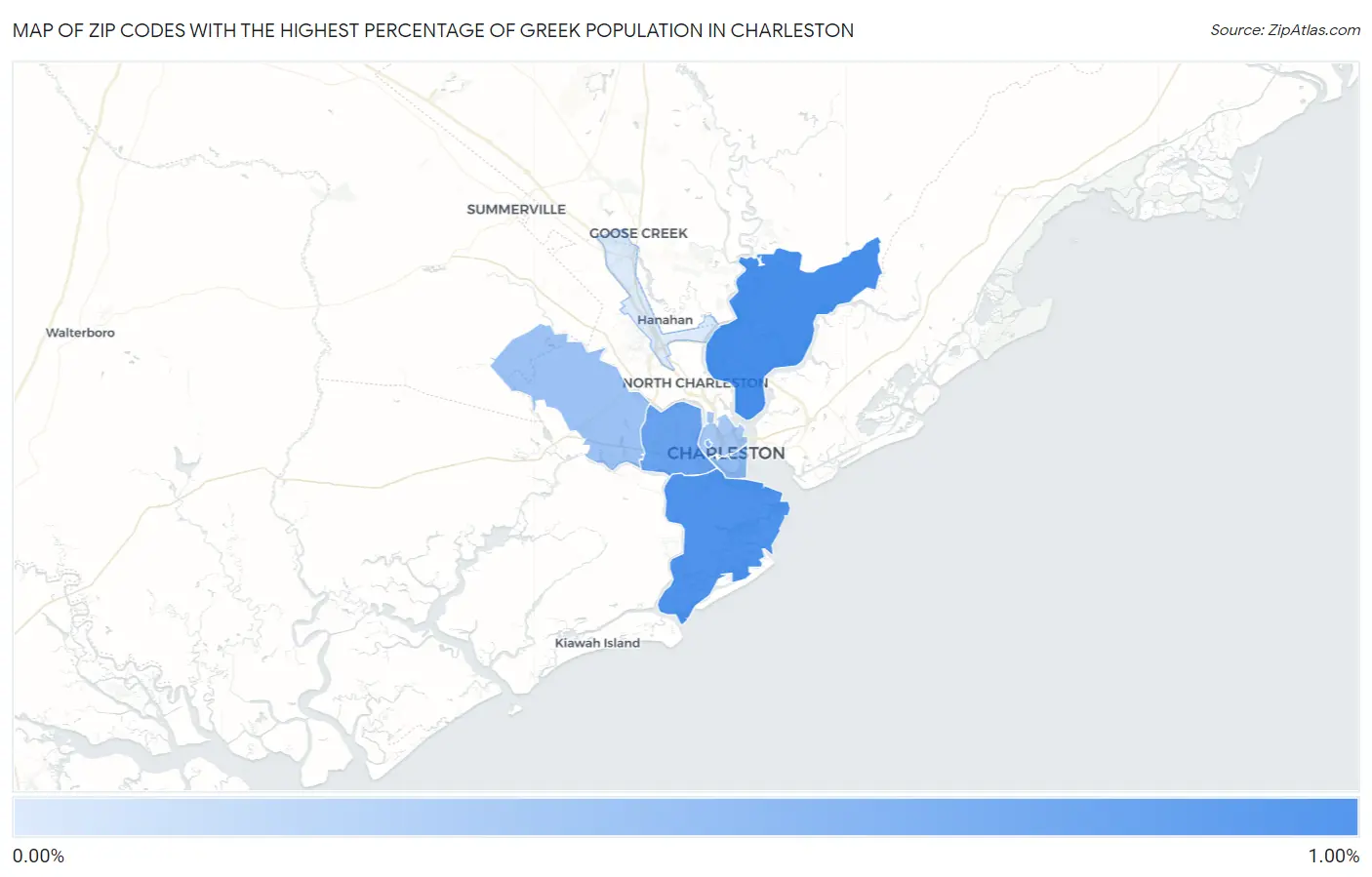 Zip Codes with the Highest Percentage of Greek Population in Charleston Map