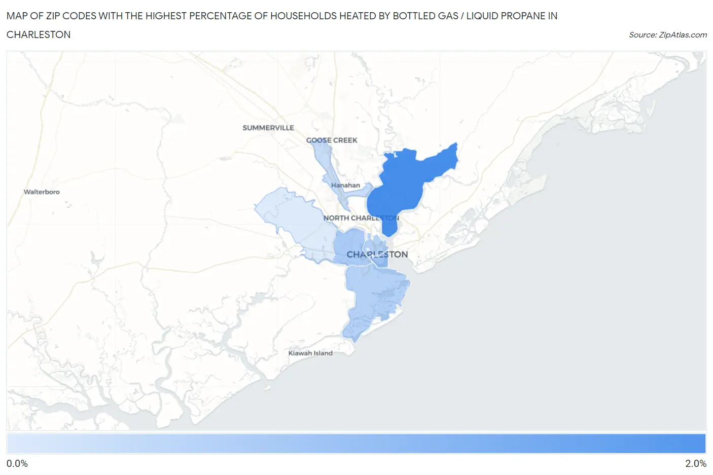 Zip Codes with the Highest Percentage of Households Heated by Bottled Gas / Liquid Propane in Charleston Map