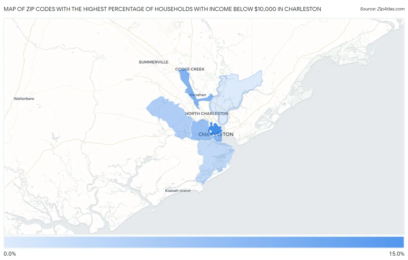Zip Codes with the Highest Percentage of Households with Income Below $10,000 in Charleston Map