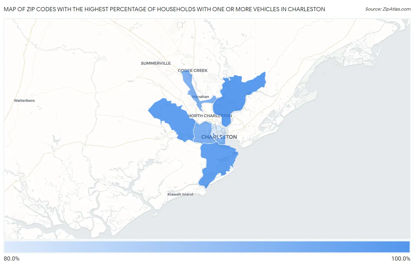 Zip Codes with the Highest Percentage of Households With One or more Vehicles in Charleston Map