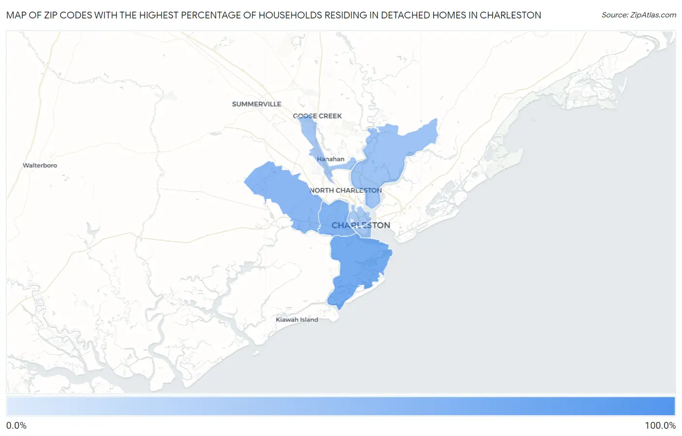 Zip Codes with the Highest Percentage of Households Residing in Detached Homes in Charleston Map