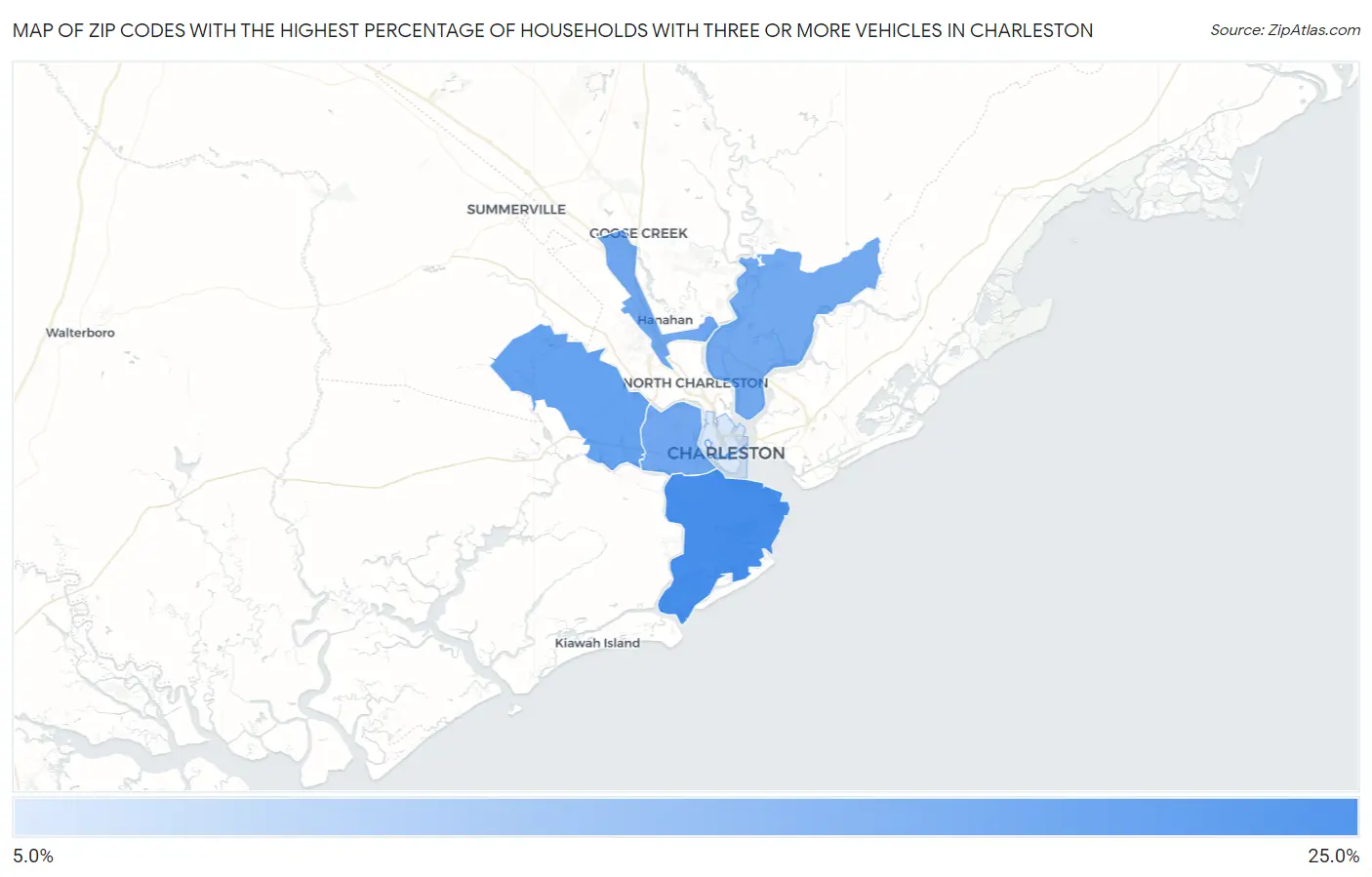 Zip Codes with the Highest Percentage of Households With Three or more Vehicles in Charleston Map