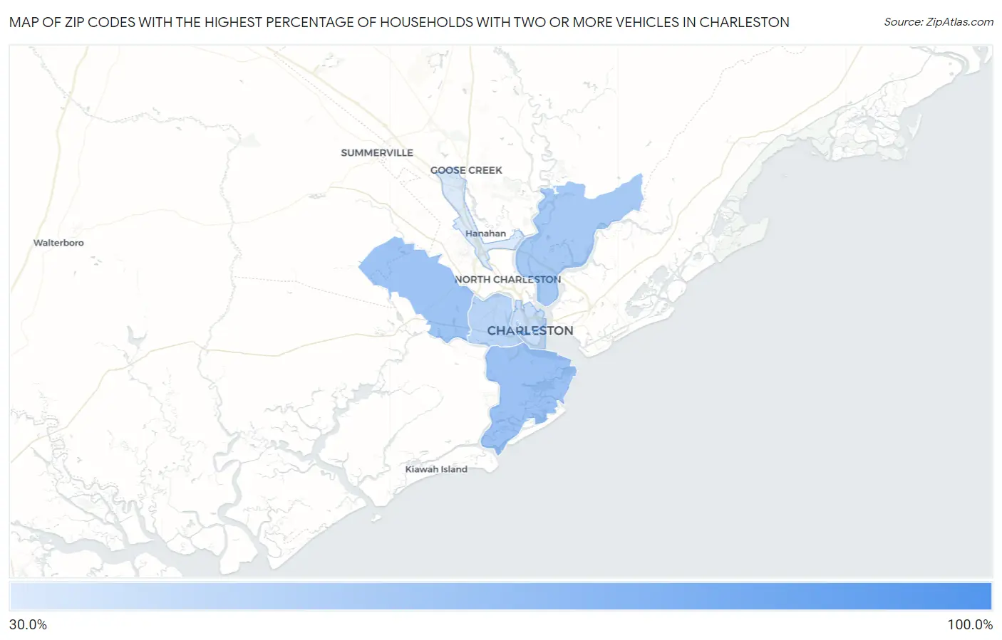 Zip Codes with the Highest Percentage of Households With Two or more Vehicles in Charleston Map
