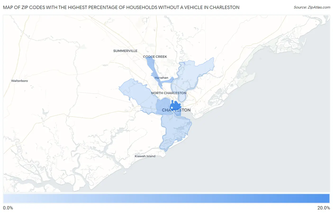 Zip Codes with the Highest Percentage of Households Without a Vehicle in Charleston Map