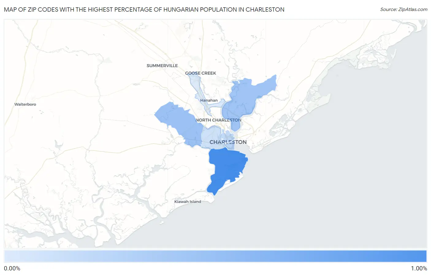 Zip Codes with the Highest Percentage of Hungarian Population in Charleston Map