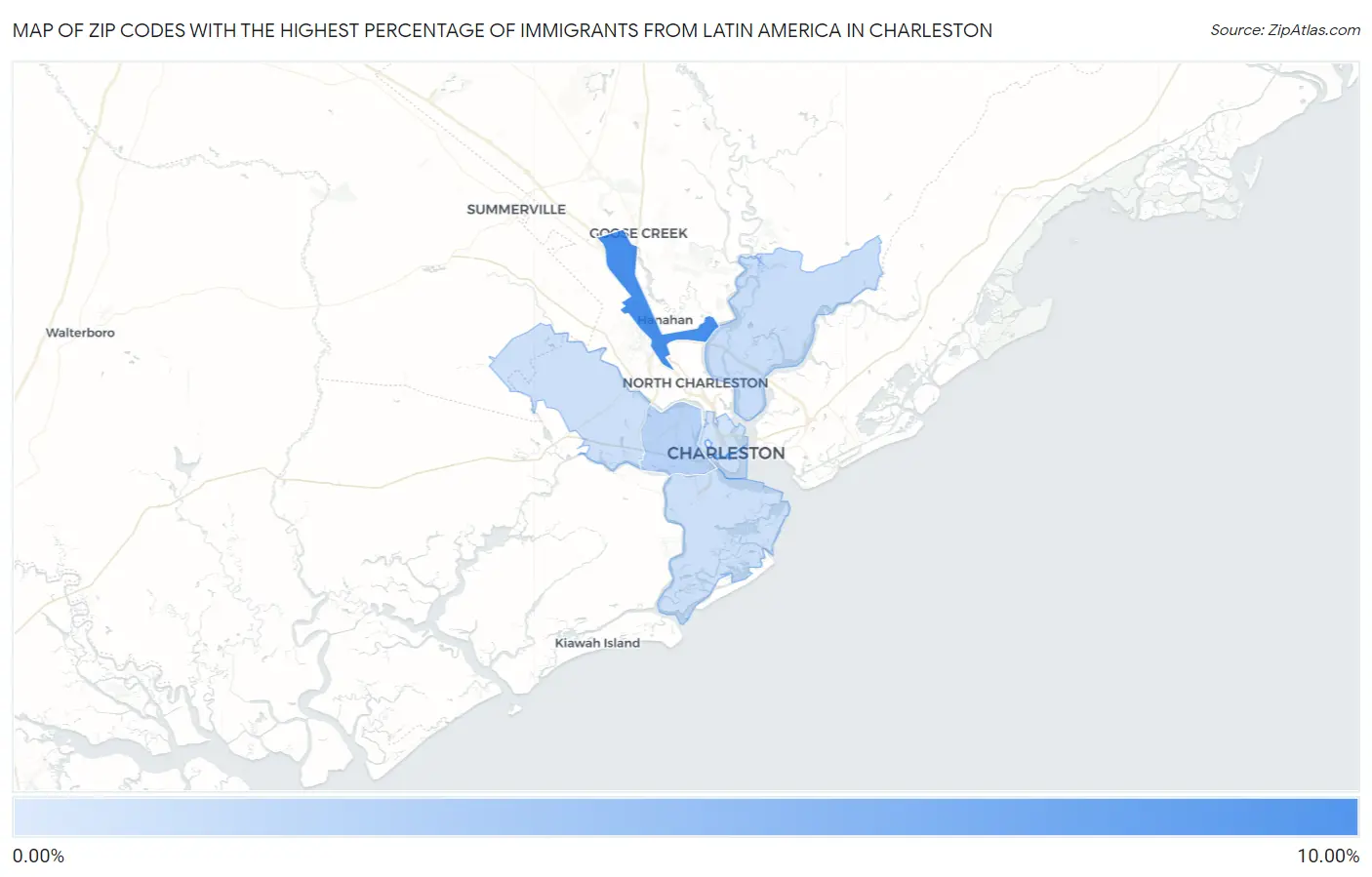 Zip Codes with the Highest Percentage of Immigrants from Latin America in Charleston Map
