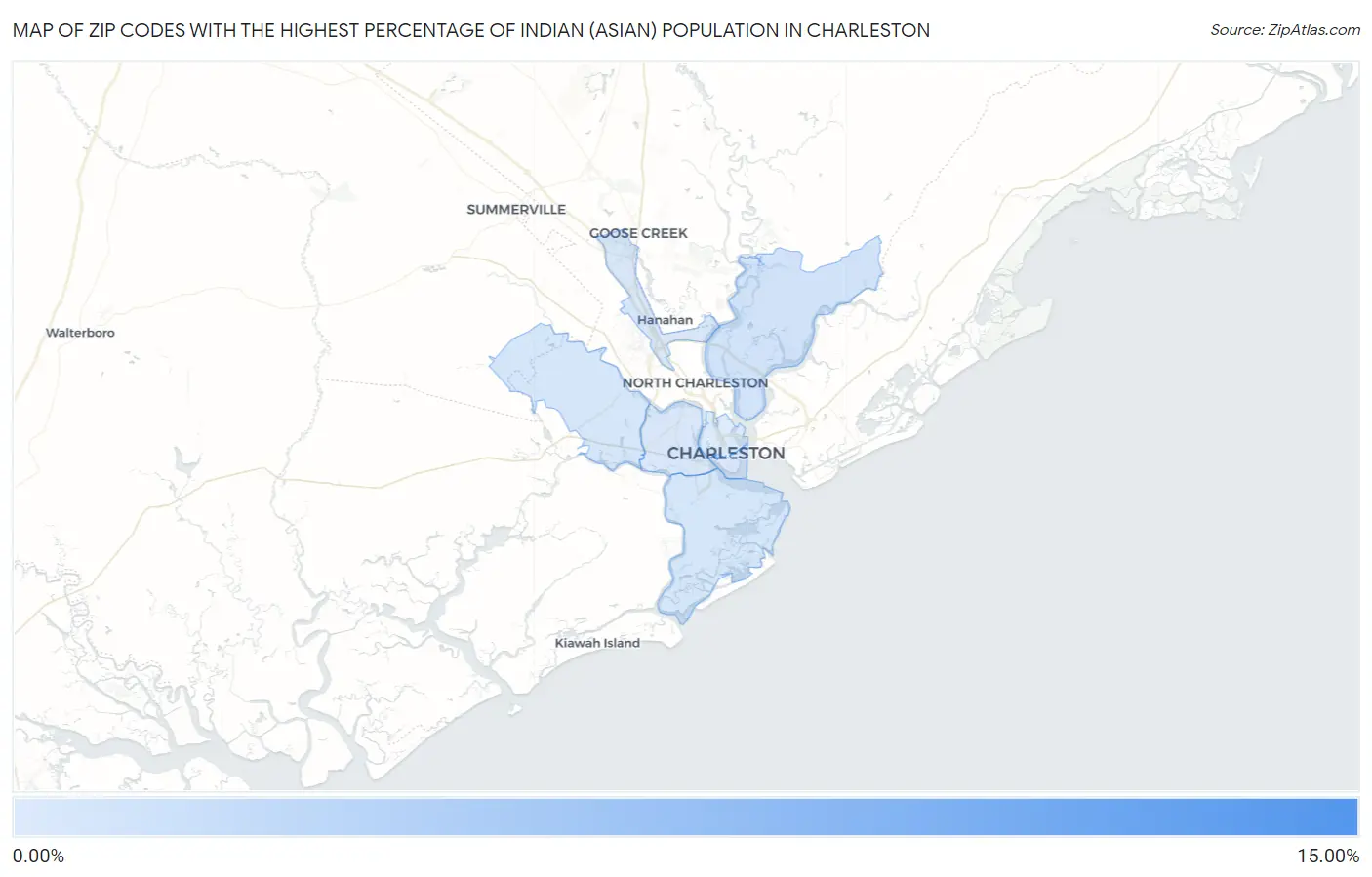 Zip Codes with the Highest Percentage of Indian (Asian) Population in Charleston Map