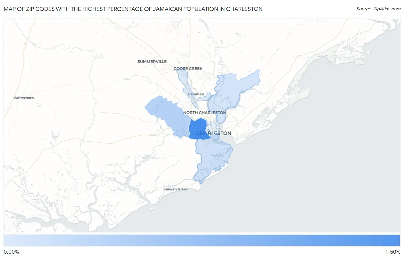 Zip Codes with the Highest Percentage of Jamaican Population in Charleston Map