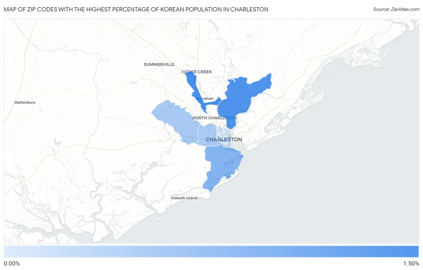 Zip Codes with the Highest Percentage of Korean Population in Charleston Map
