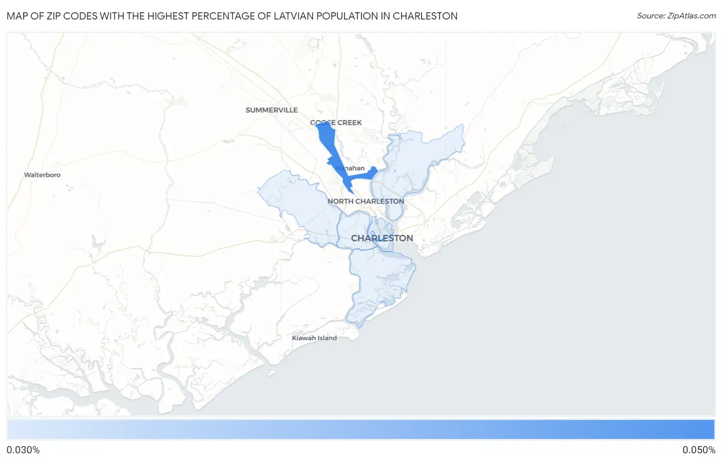 Zip Codes with the Highest Percentage of Latvian Population in Charleston Map