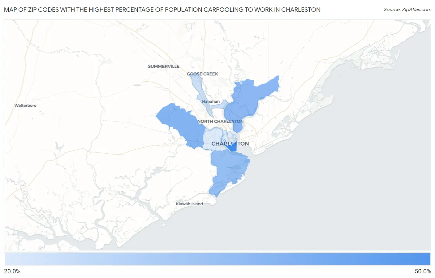 Zip Codes with the Highest Percentage of Population Carpooling to Work in Charleston Map