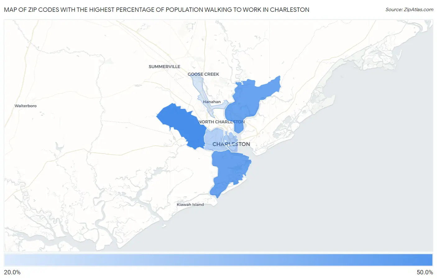 Zip Codes with the Highest Percentage of Population Walking to Work in Charleston Map