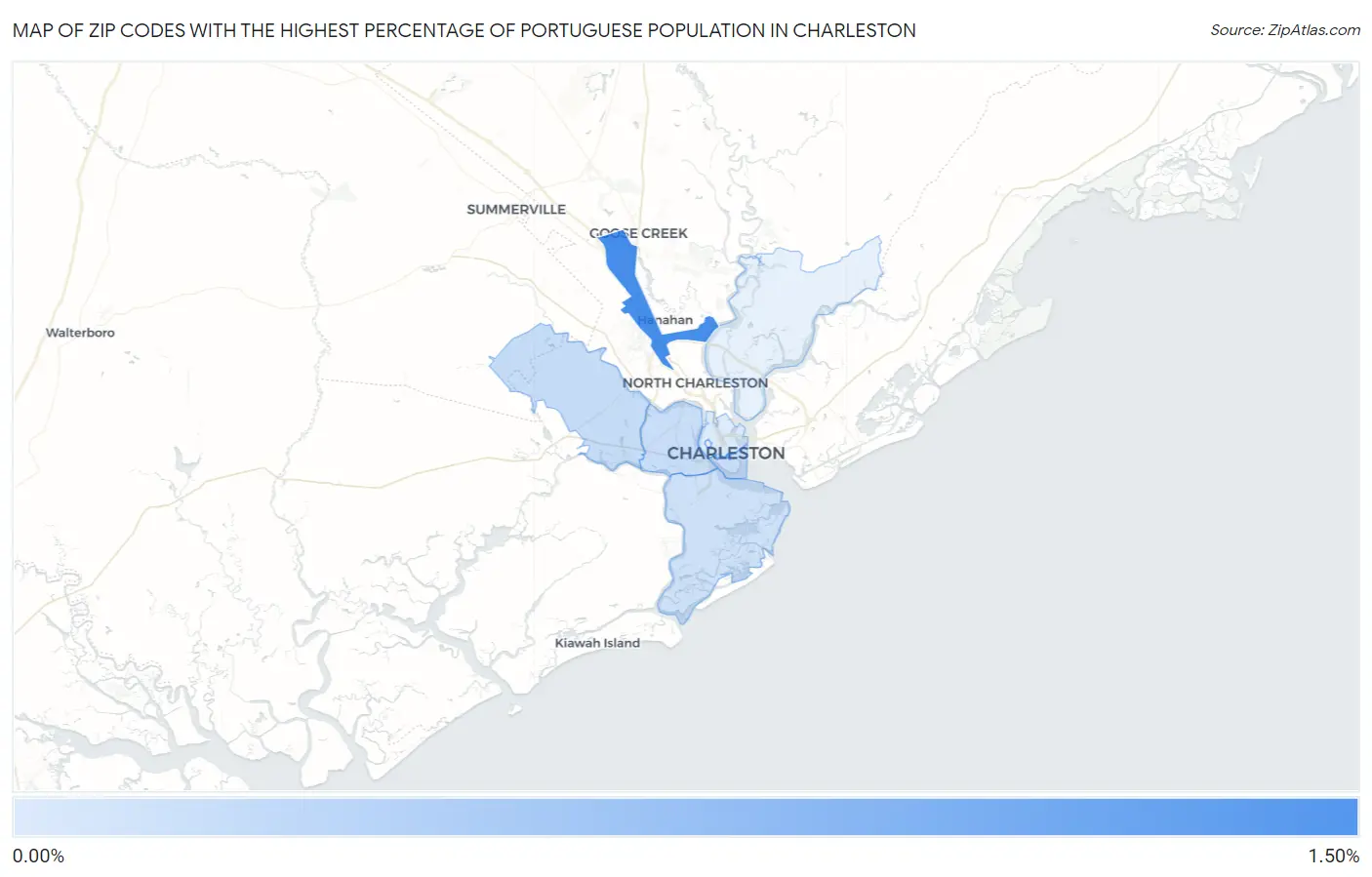 Zip Codes with the Highest Percentage of Portuguese Population in Charleston Map