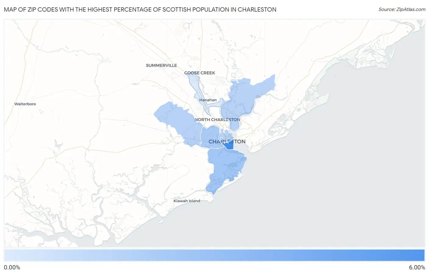 Zip Codes with the Highest Percentage of Scottish Population in Charleston Map