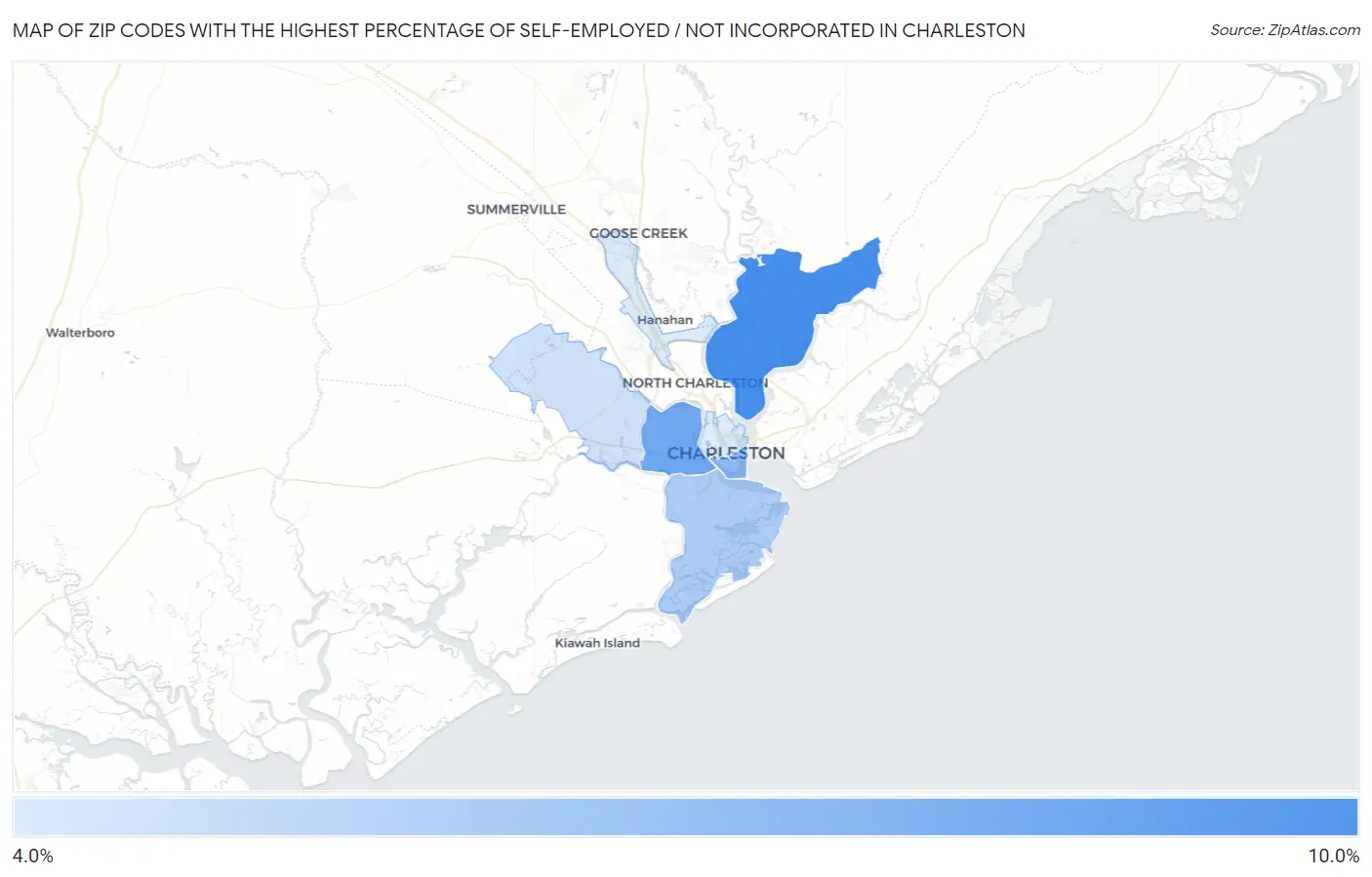Zip Codes with the Highest Percentage of Self-Employed / Not Incorporated in Charleston Map