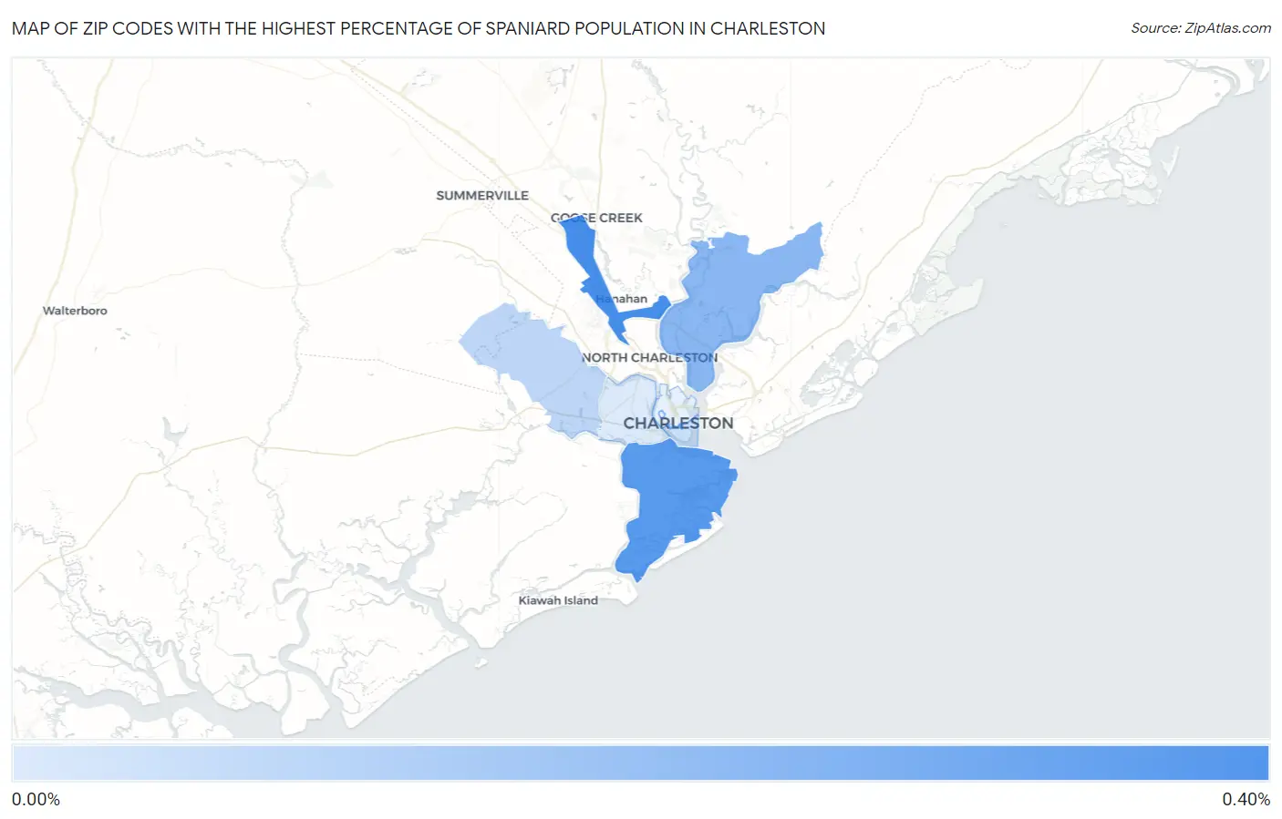Zip Codes with the Highest Percentage of Spaniard Population in Charleston Map