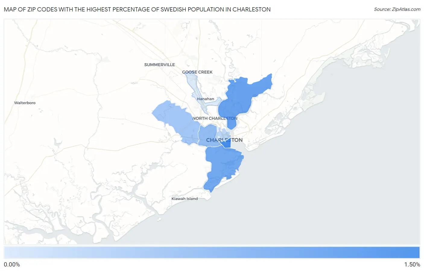 Zip Codes with the Highest Percentage of Swedish Population in Charleston Map