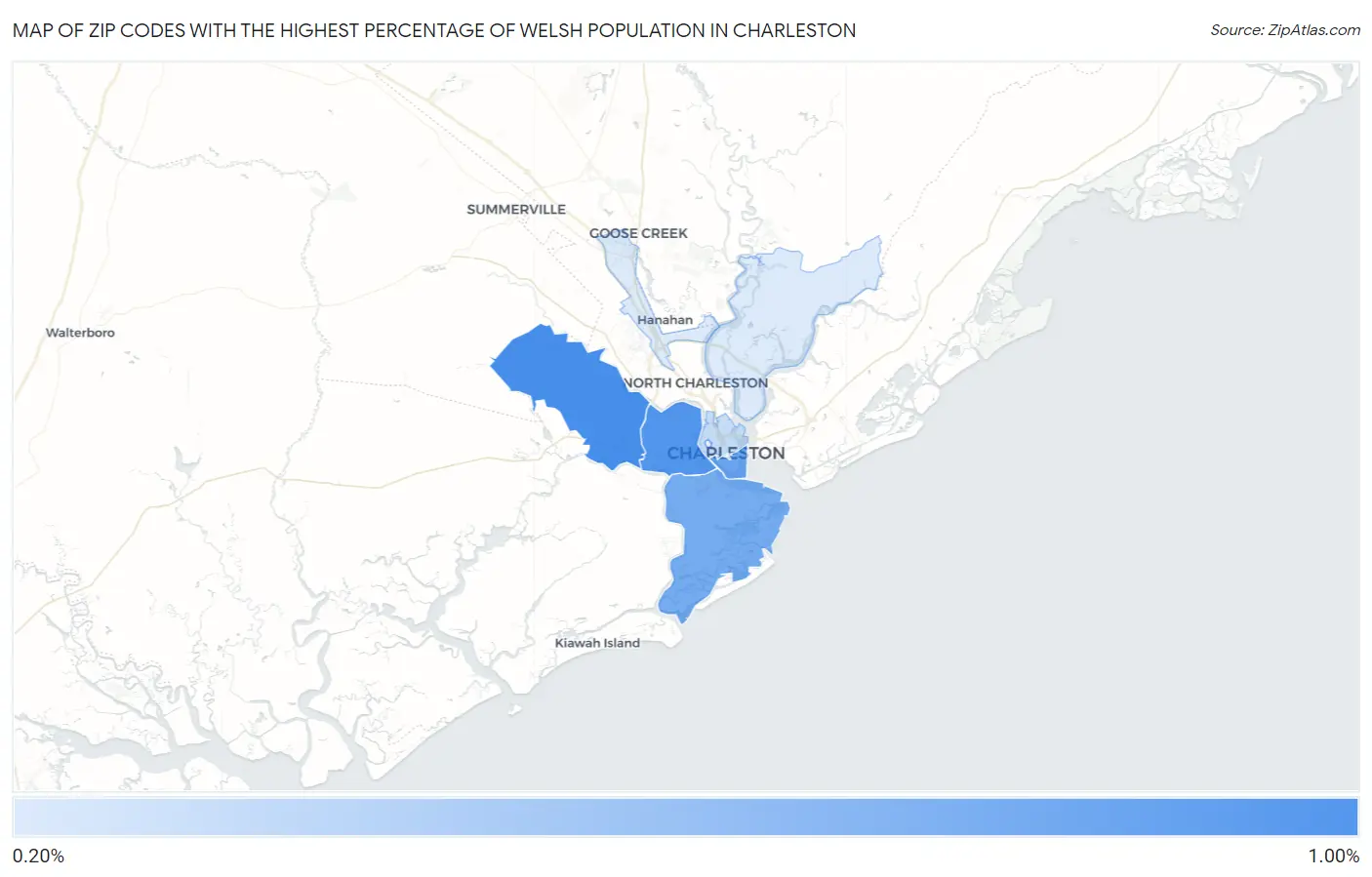 Zip Codes with the Highest Percentage of Welsh Population in Charleston Map